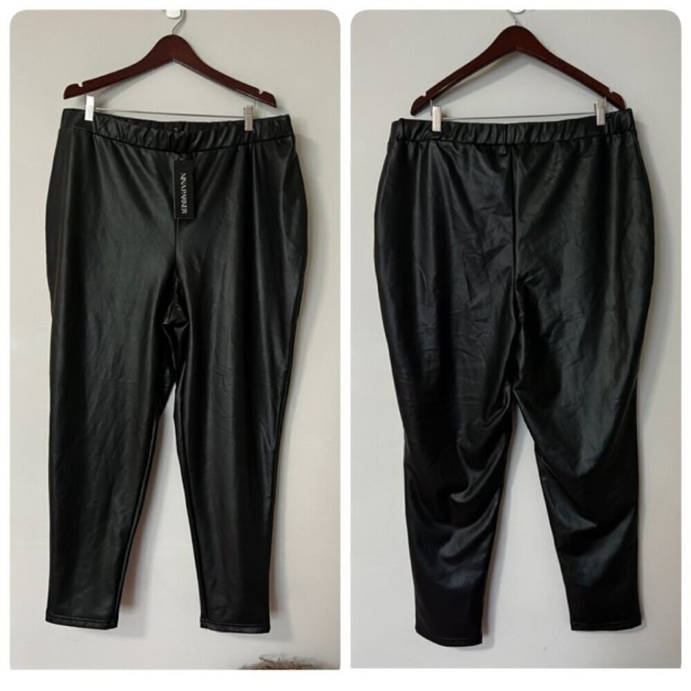 Nina Parker Womens Plus Size 2X Elasticized Waist Faux Leather Legging in Black